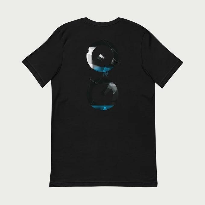 Back of the black t-shirt with a large stacked two-ring graphic in black, chrome, and blue