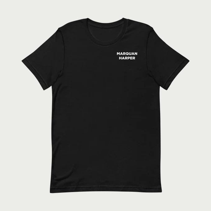 Black Marquan Harper t-shirt, front, with a small white MARQUAN HARPER wordmark on the chest